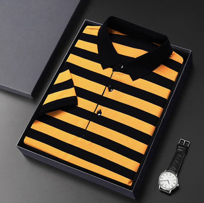 Men's Cotton Ice Silk Lapel Striped POLO