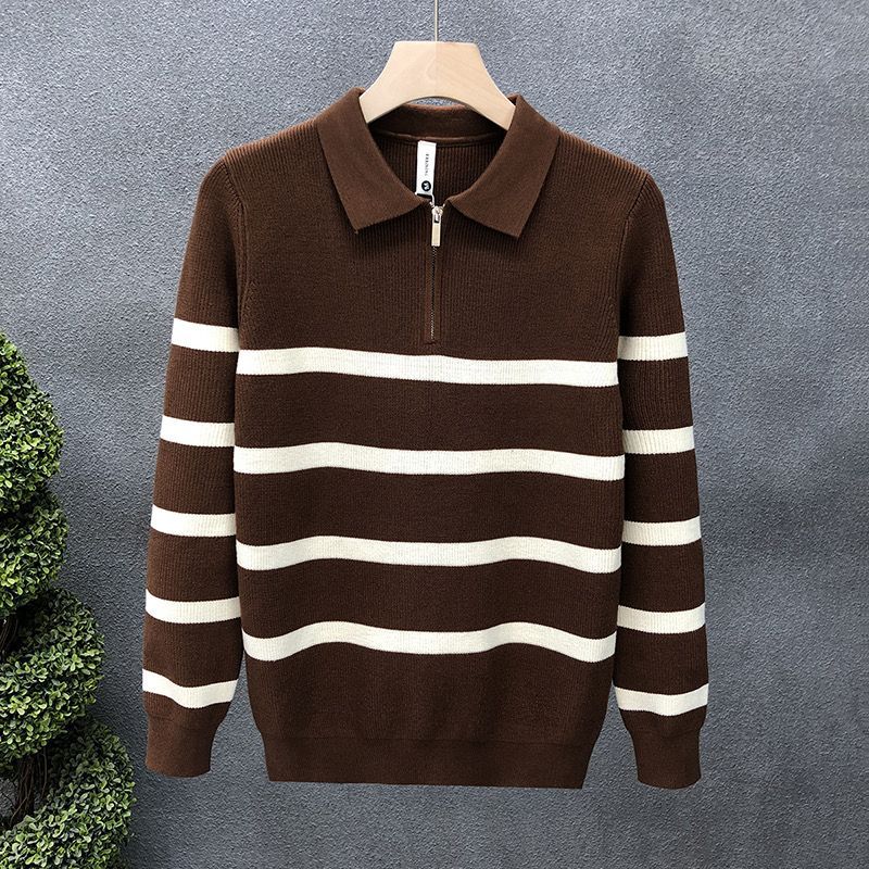 2023 New Men's Half Zipper Striped High-end Knitted Polo Shirt