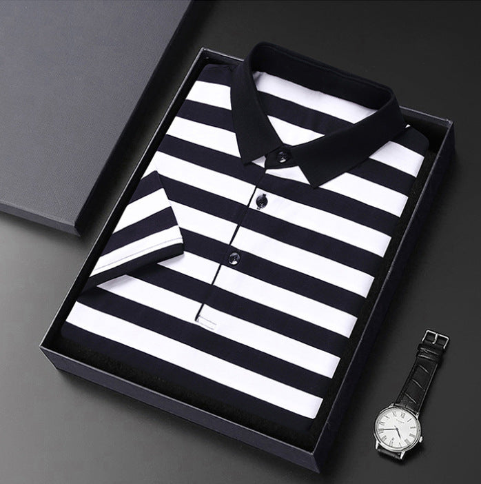 Men's Cotton Ice Silk Lapel Striped POLO