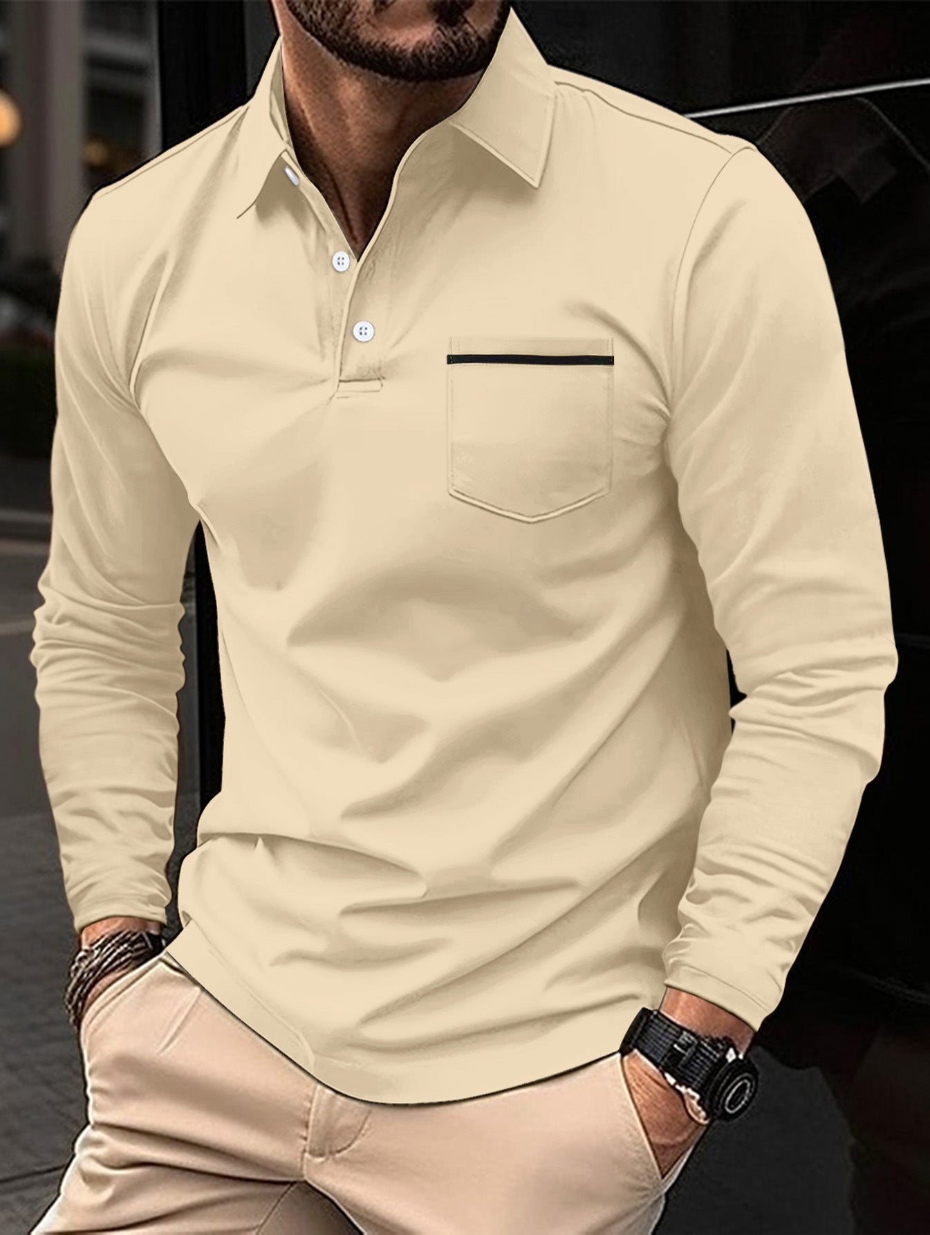 Men's Long Sleeve Pocket Casual Polo Shirt