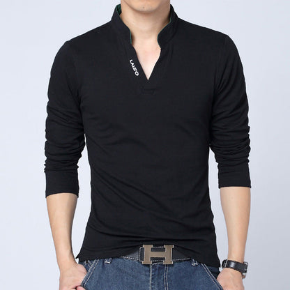 Men's V-neck Long Sleeve Printed Polo Shirt with Collar
