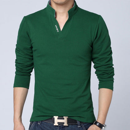 Men's V-neck Long Sleeve Printed Polo Shirt with Collar