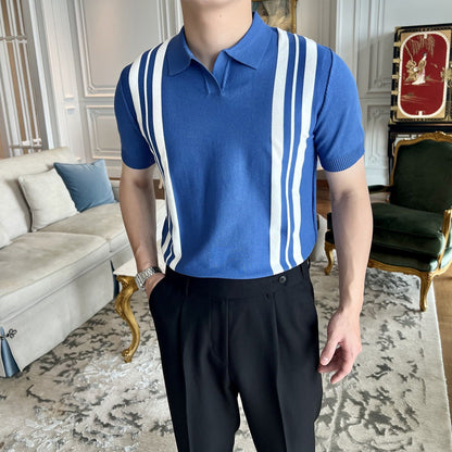2023 Men's Casual Lapel Striped Contrast Knitted Polo Shirt