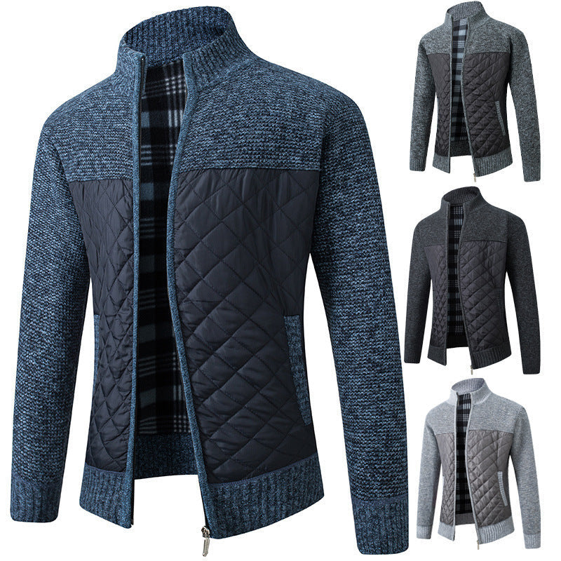 2024 Men's Stand Collar Striped Plaid Zipper Plus Velvet Fashionable Color Block Warm Knitted Jacket