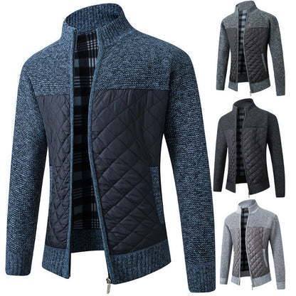 2024 Men's Stand Collar Striped Plaid Zipper Plus Velvet Fashionable Color Block Warm Knitted Jacket