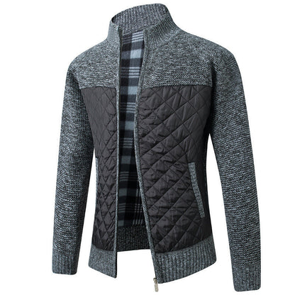 2024 Men's Stand Collar Striped Plaid Zipper Plus Velvet Fashionable Color Block Warm Knitted Jacket