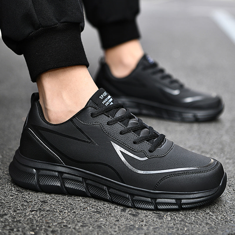 Men's Large Size Leather Waterproof Casual Running Black Sports Shoes
