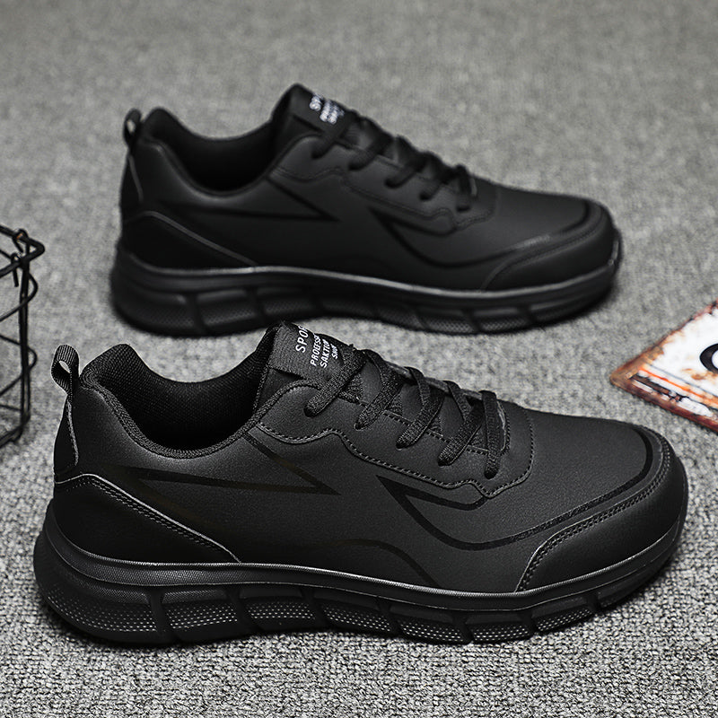 Men's Large Size Leather Waterproof Casual Running Black Sports Shoes