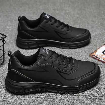 Men's Large Size Leather Waterproof Casual Running Black Sports Shoes