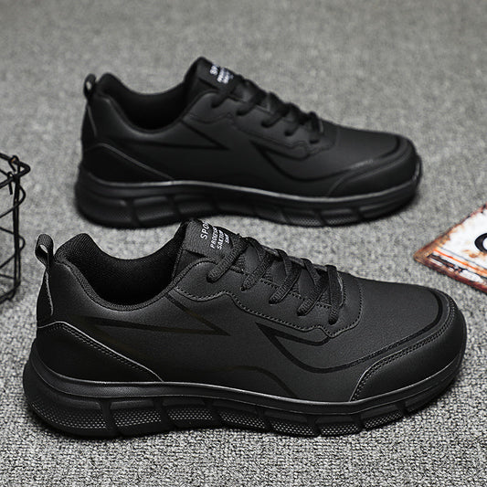 Men's Large Size Leather Waterproof Casual Running Black Sports Shoes