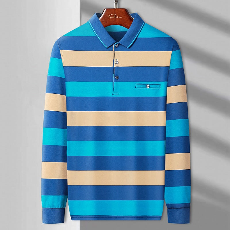 Men's long sleeve striped lapel casual polo shirt