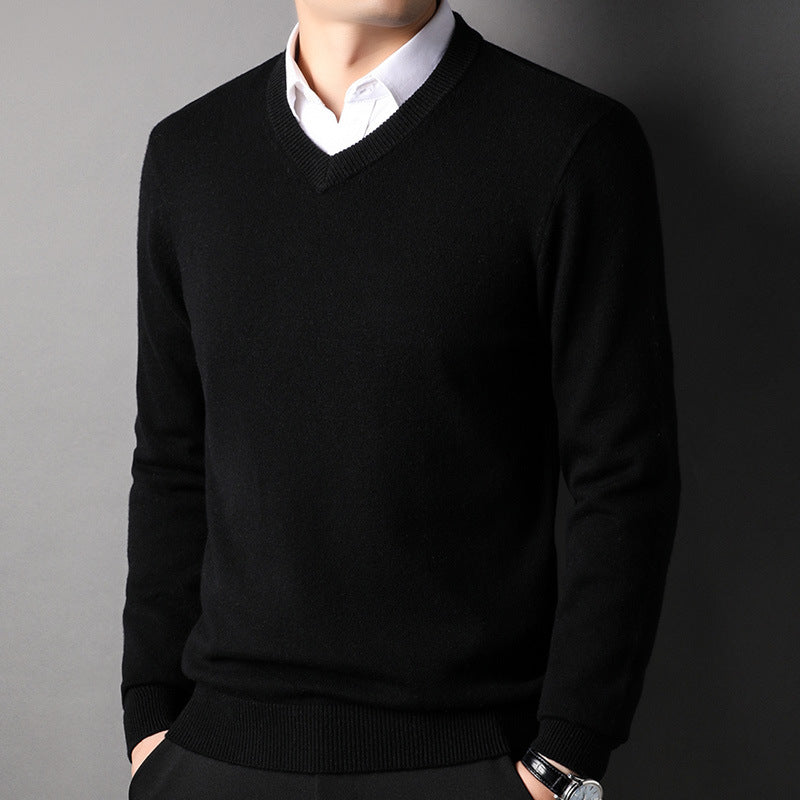 Men's 100% Wool V-neck Knitted Bottoming Sweater