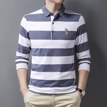 New pure cotton lapel embroidered striped POLO shirt