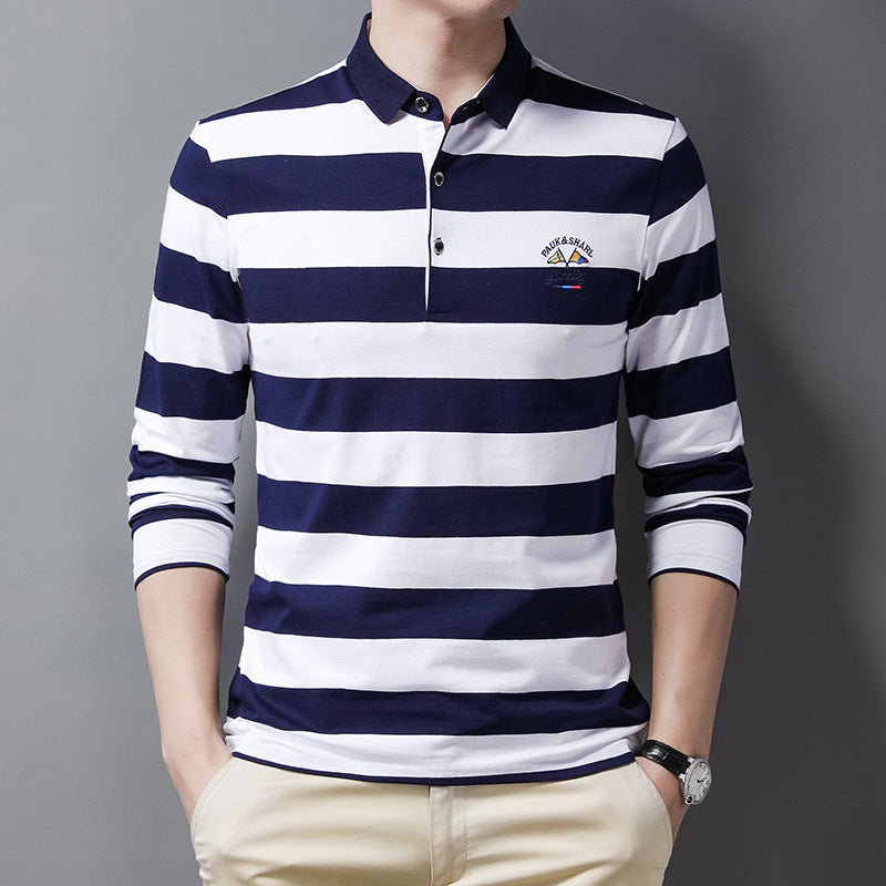 New pure cotton lapel embroidered striped POLO shirt