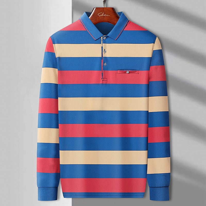 Men's long sleeve striped lapel casual polo shirt