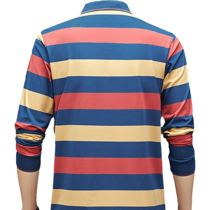 Men's long sleeve striped lapel casual polo shirt