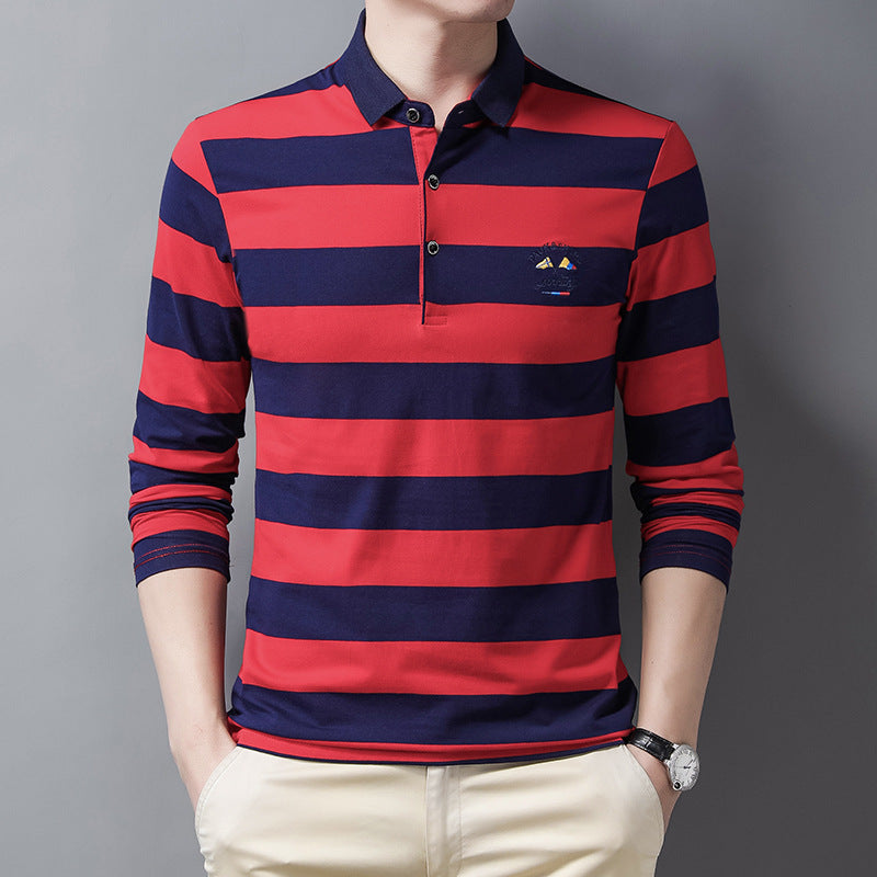 New pure cotton lapel embroidered striped POLO shirt