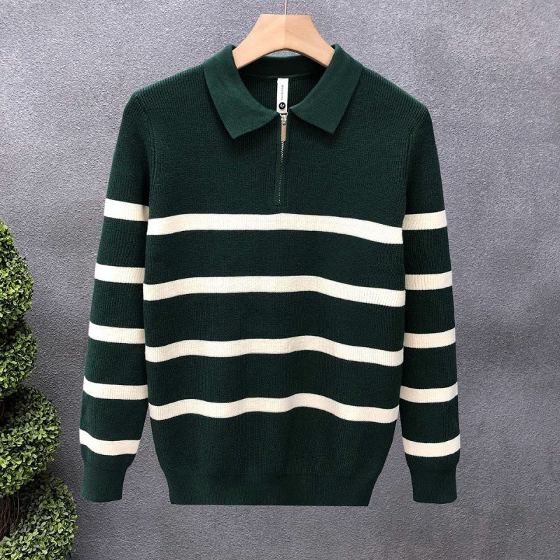 2023 New Men's Half Zipper Striped High-end Knitted Polo Shirt