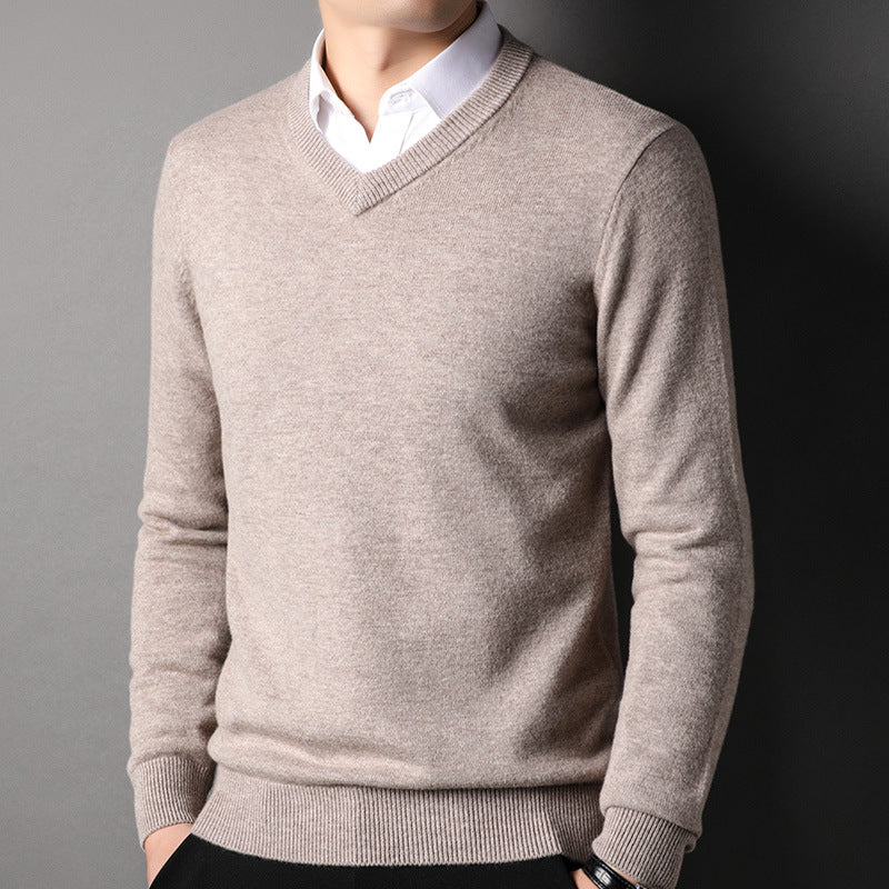 Men's 100% Wool V-neck Knitted Bottoming Sweater
