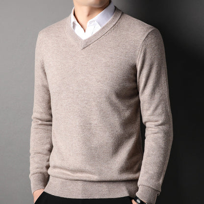 Men's 100% Wool V-neck Knitted Bottoming Sweater