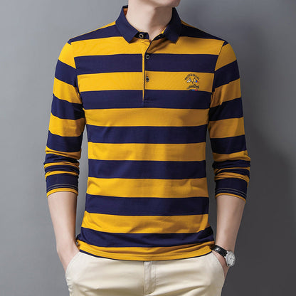 New pure cotton lapel embroidered striped POLO shirt