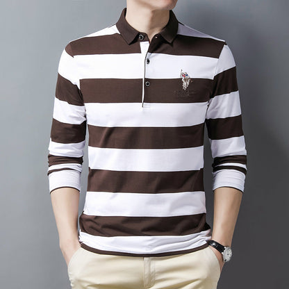 New pure cotton lapel embroidered striped POLO shirt