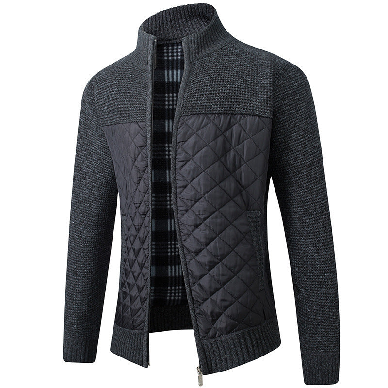 2024 Men's Stand Collar Striped Plaid Zipper Plus Velvet Fashionable Color Block Warm Knitted Jacket