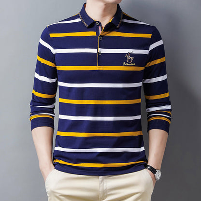 New pure cotton lapel embroidered striped POLO shirt