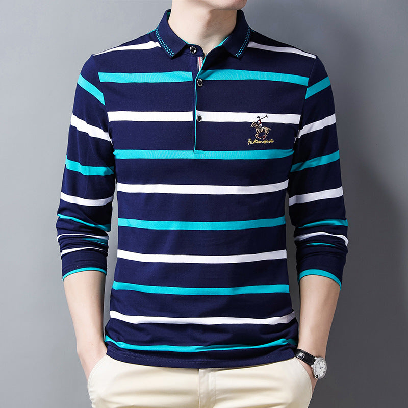 New pure cotton lapel embroidered striped POLO shirt