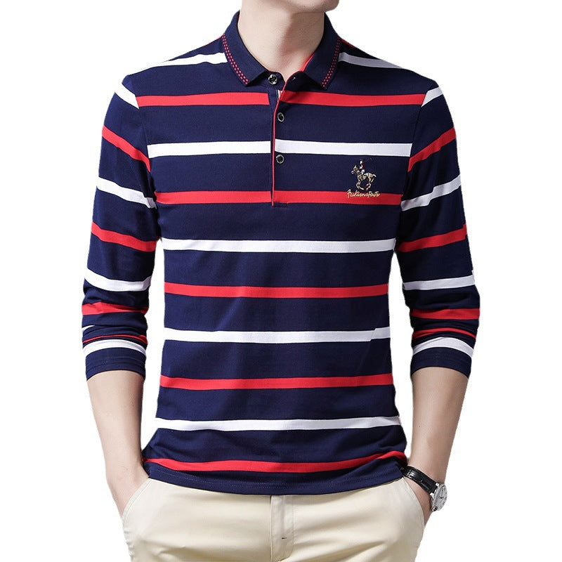 New pure cotton lapel embroidered striped POLO shirt
