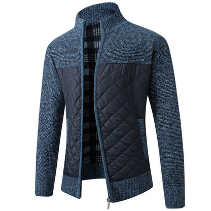 2024 Men's Stand Collar Striped Plaid Zipper Plus Velvet Fashionable Color Block Warm Knitted Jacket