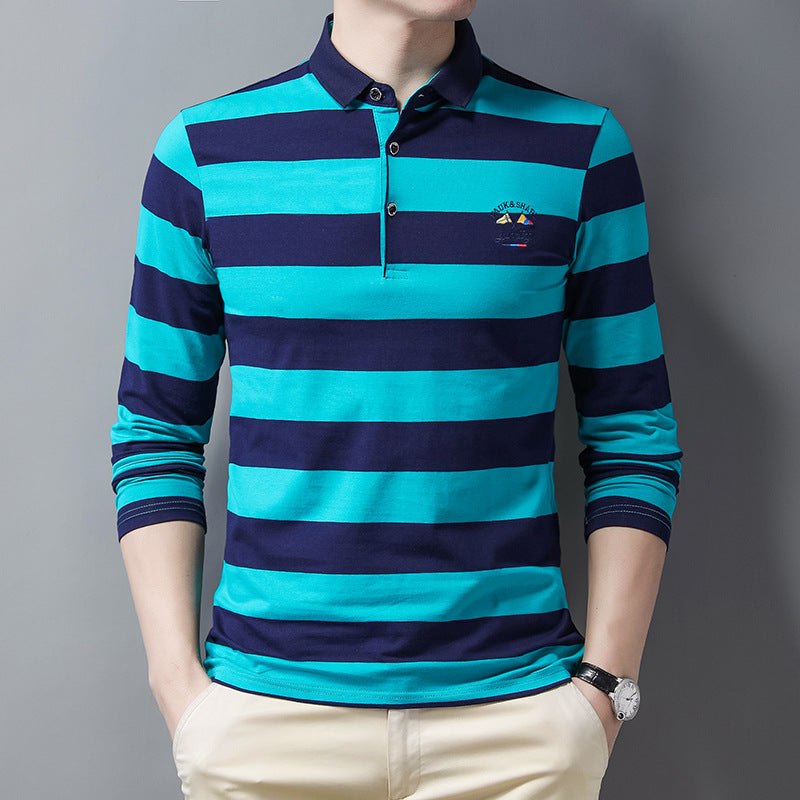 New pure cotton lapel embroidered striped POLO shirt