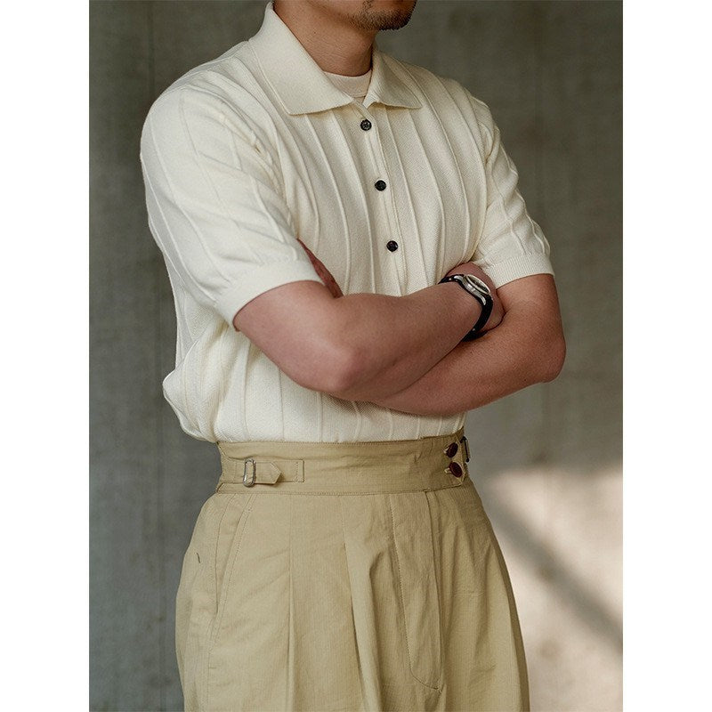 2023 Men's New Vertical Striped Lapel Knitted Polo Shirt