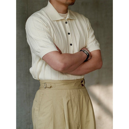 2023 Men's New Vertical Striped Lapel Knitted Polo Shirt
