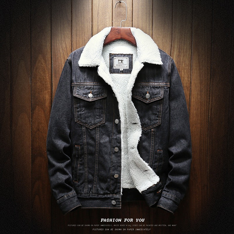 Winter denim jacket with fleece collar
