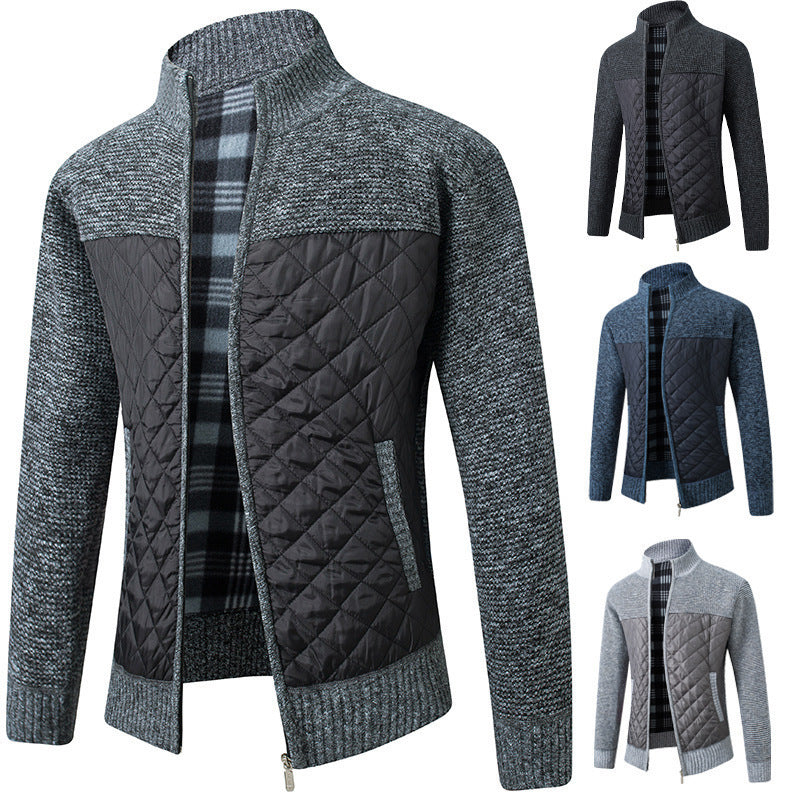 2024 Men's Stand Collar Striped Plaid Zipper Plus Velvet Fashionable Color Block Warm Knitted Jacket