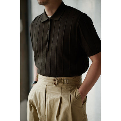 2023 Men's New Vertical Striped Lapel Knitted Polo Shirt