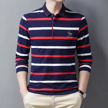 New pure cotton lapel embroidered striped POLO shirt