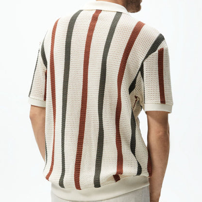 Hollow Knitted Striped Contrast Color Casual Polo Shirt
