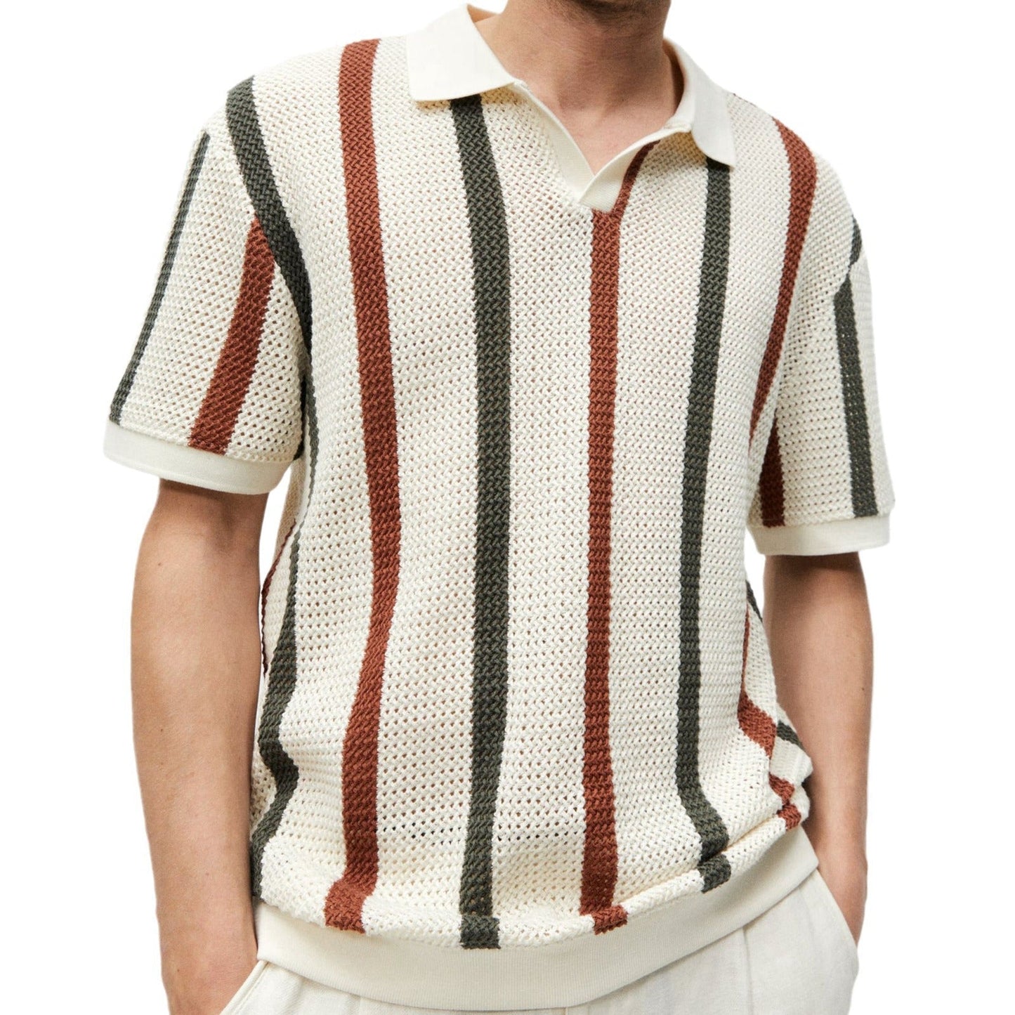 Hollow Knitted Striped Contrast Color Casual Polo Shirt