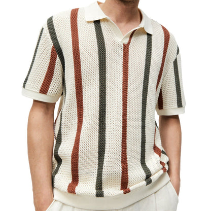 Hollow Knitted Striped Contrast Color Casual Polo Shirt