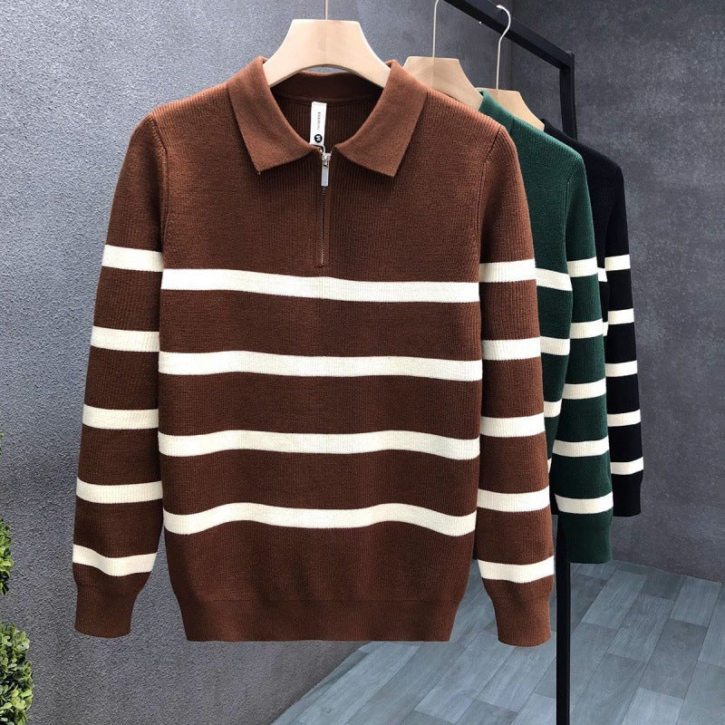 2023 New Men's Half Zipper Striped High-end Knitted Polo Shirt