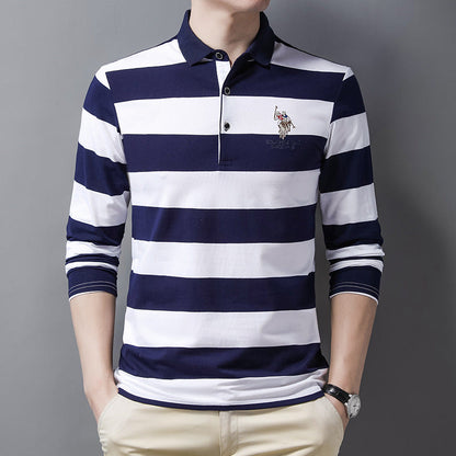 New pure cotton lapel embroidered striped POLO shirt
