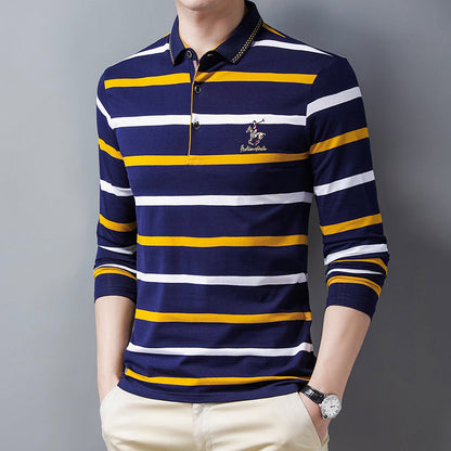 New pure cotton lapel embroidered striped POLO shirt