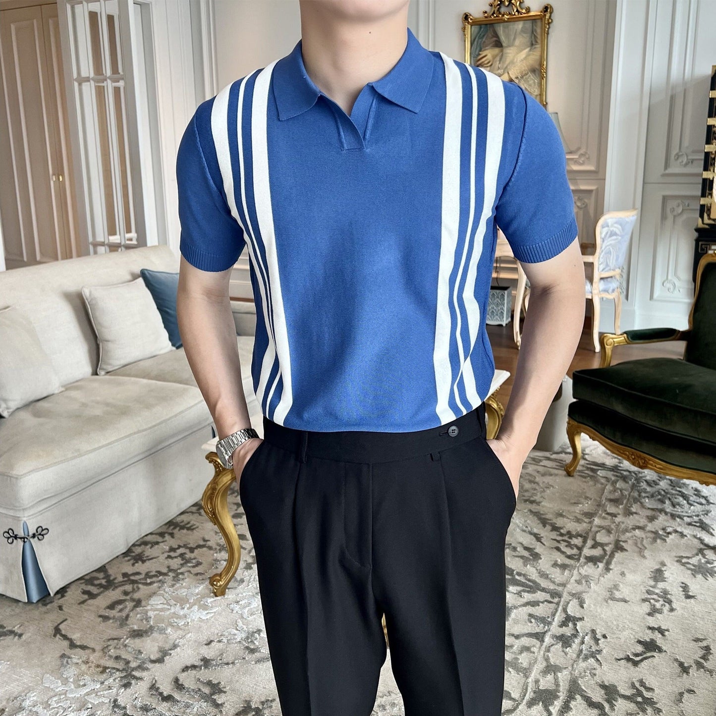 2023 Men's Casual Lapel Striped Contrast Knitted Polo Shirt