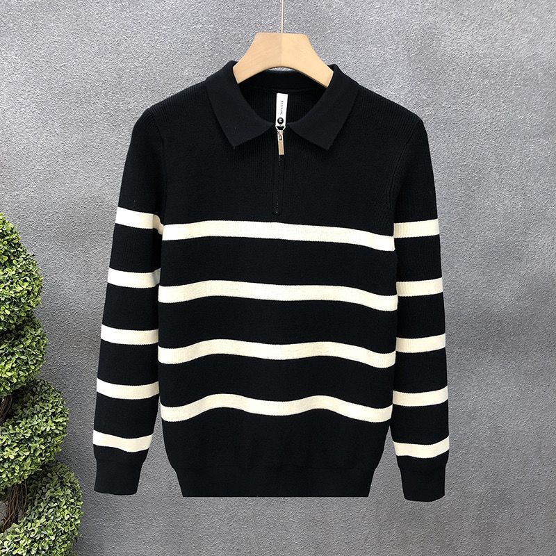 2023 New Men's Half Zipper Striped High-end Knitted Polo Shirt