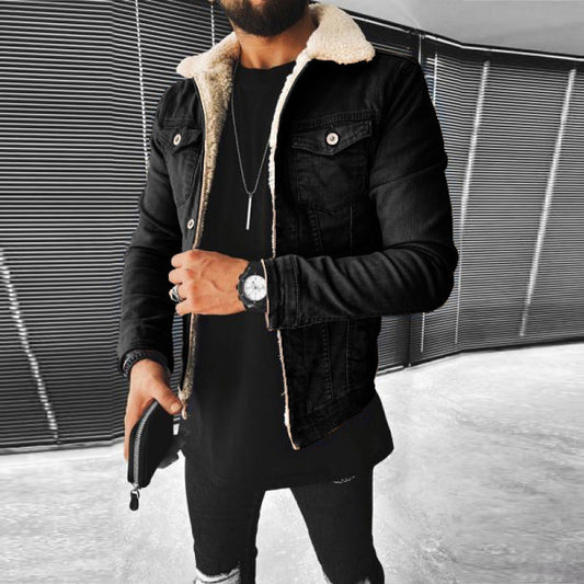 Men's Punk Lamb Wool Thickened Denim Jacket
