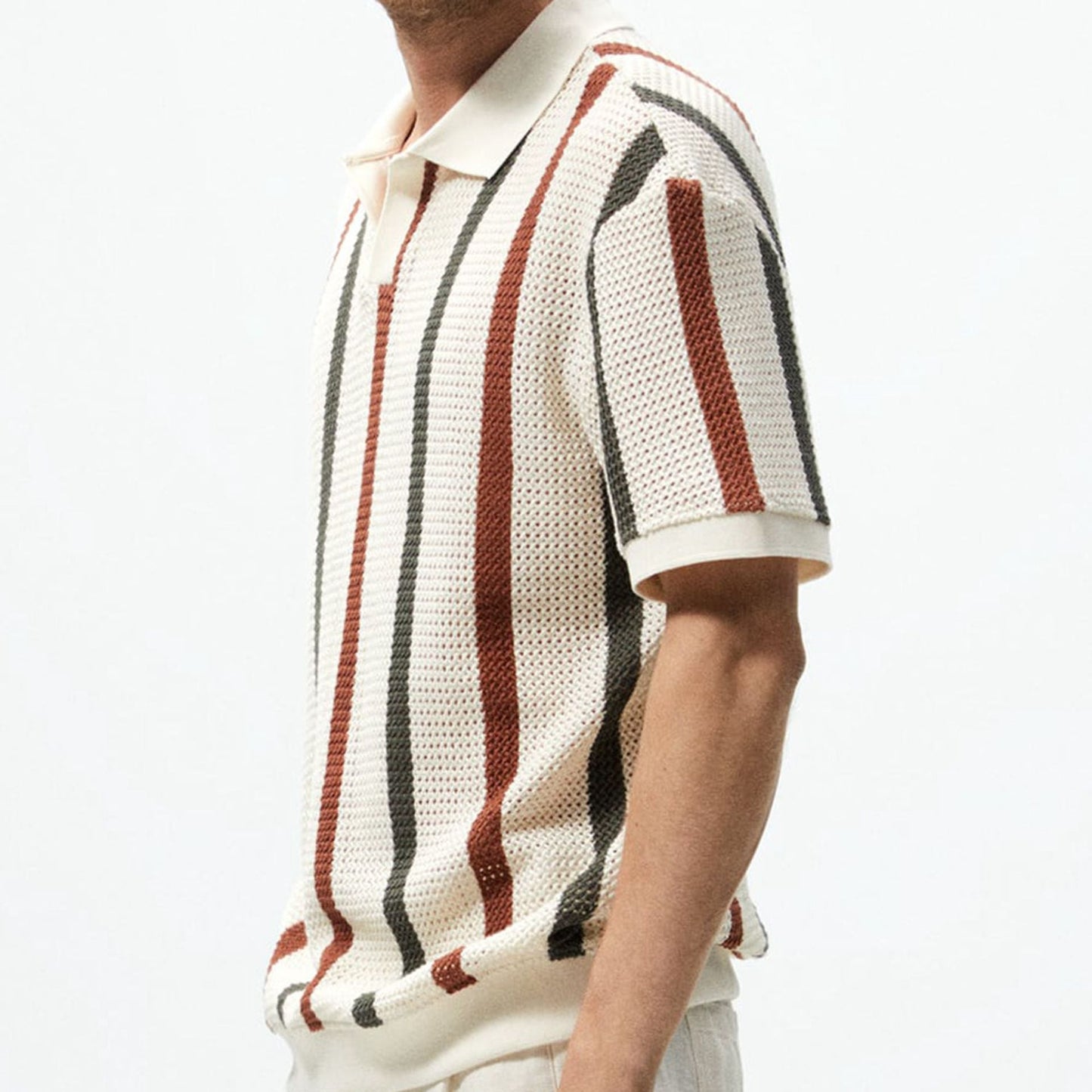 Hollow Knitted Striped Contrast Color Casual Polo Shirt