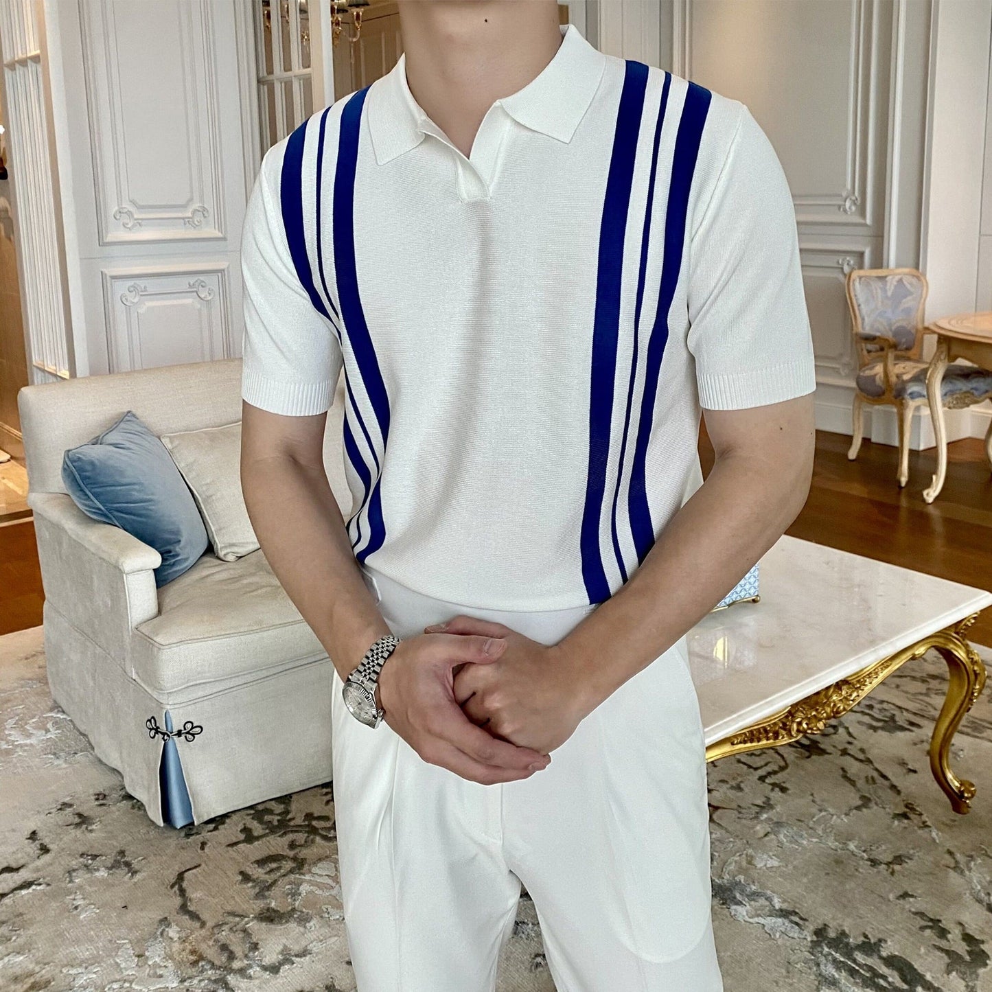 2023 Men's Casual Lapel Striped Contrast Knitted Polo Shirt