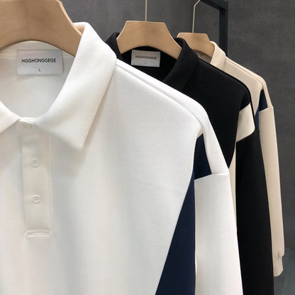 New Men's Patchwork High-end Lapel Long-sleeved Polo Shirt